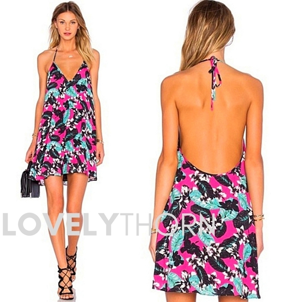 NAVEN X NBD // ltd ed tropical print halter open back swing trapeze mini dress